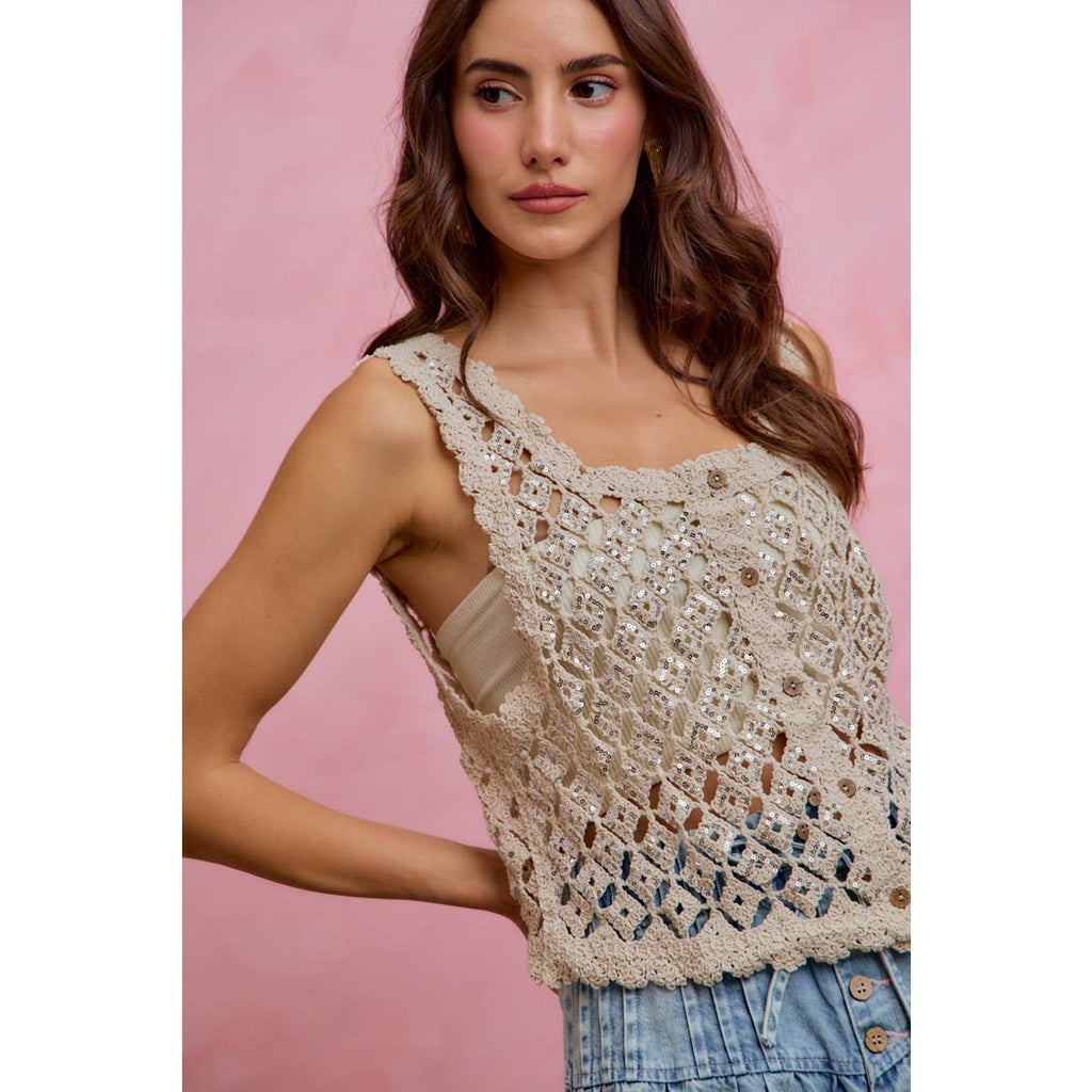 Sequin Diamond Crochet Lace Button-Down Vest Top