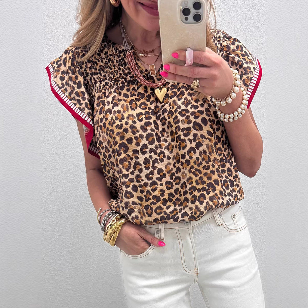 Womens Leopard-Print Ruffle-Trim Flowy Chiffon Blouse