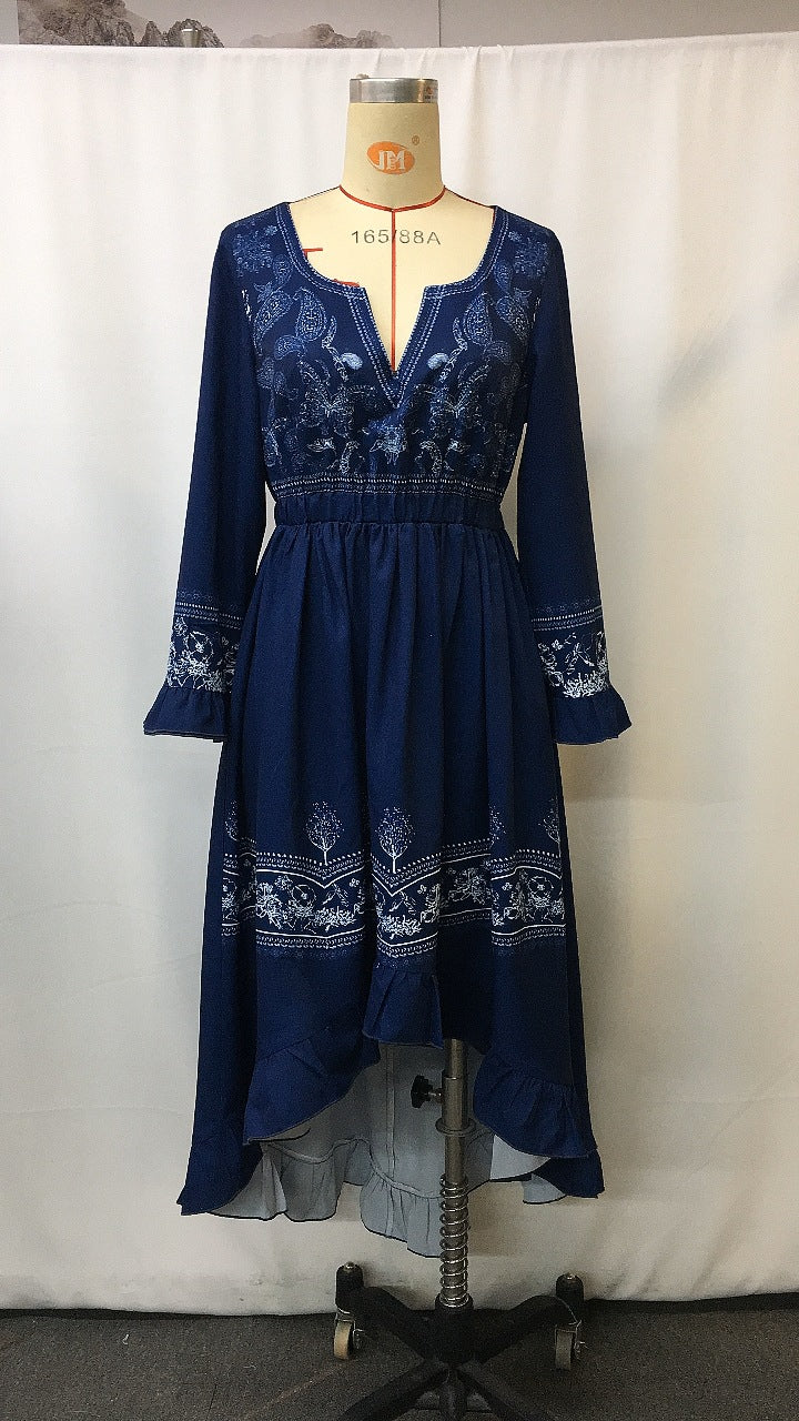 Denim Floral Print Lace-Up Vintage Dress