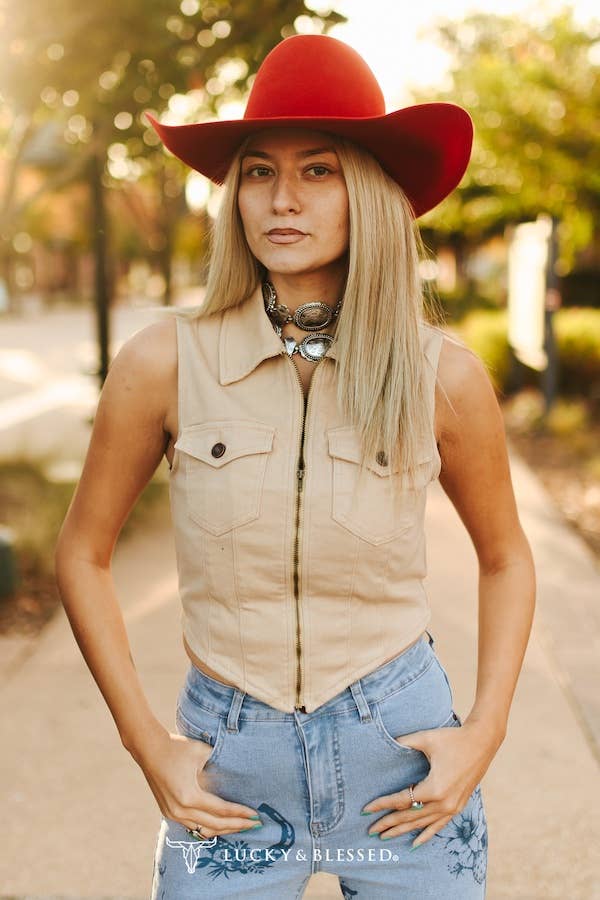 Sand Stretch Suede Zip Up Pocket Collared Peak Top