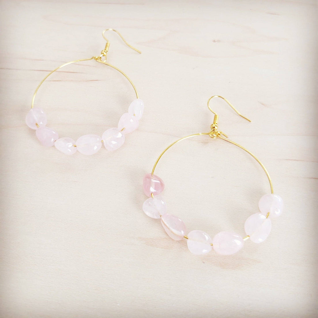 Beaded Hoop Earrings- Genuine Natural Rose Quartz Stones