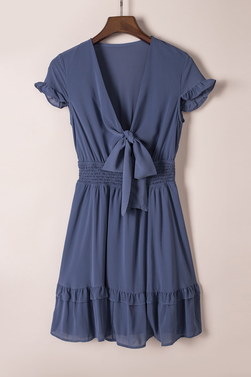 Blue Deep V Neck Self-tie Knotted Front Layered Flare Mini Dress
