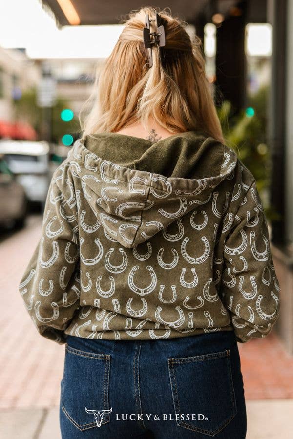 Olive Mineral Wash Horseshoe Printed Zip Up Hooded Sweater