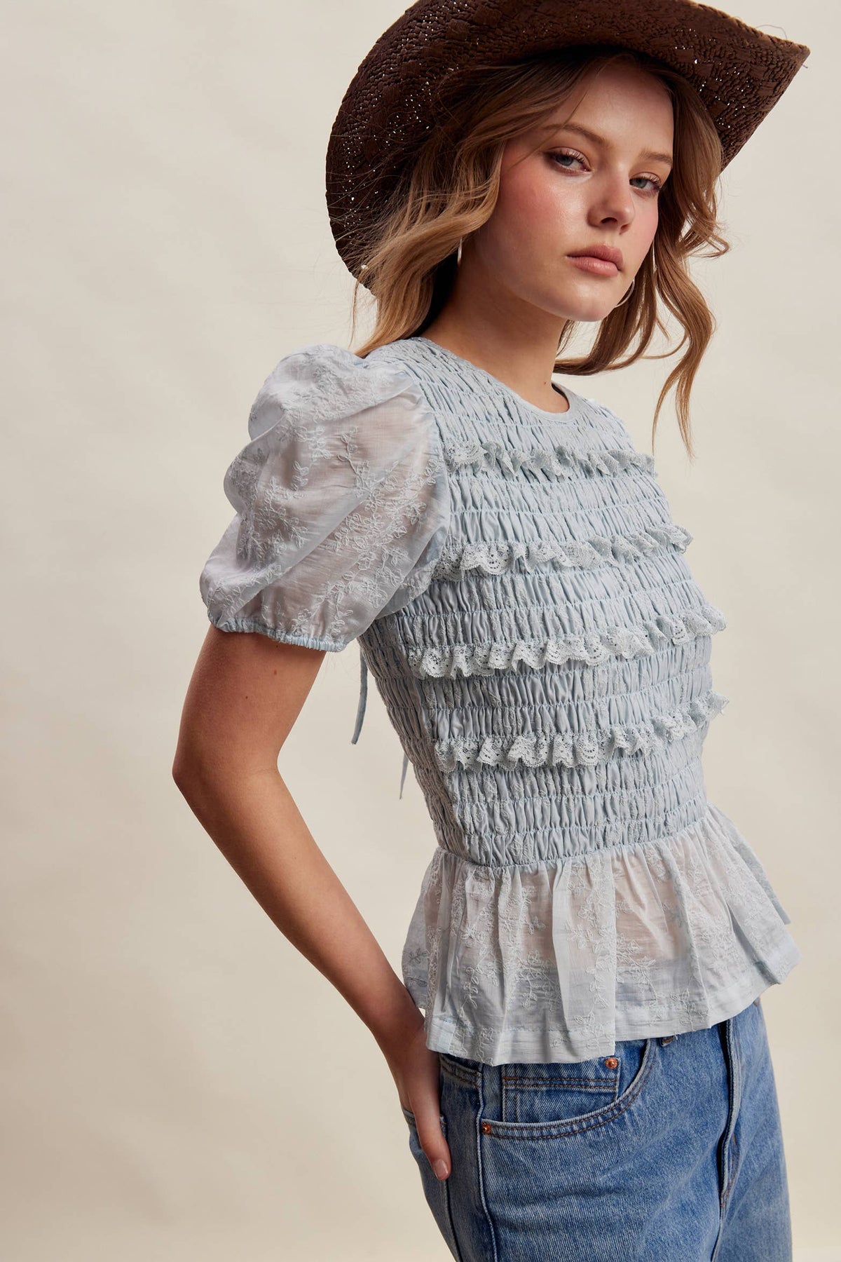 Smocked Lace Puff Sleeve Top