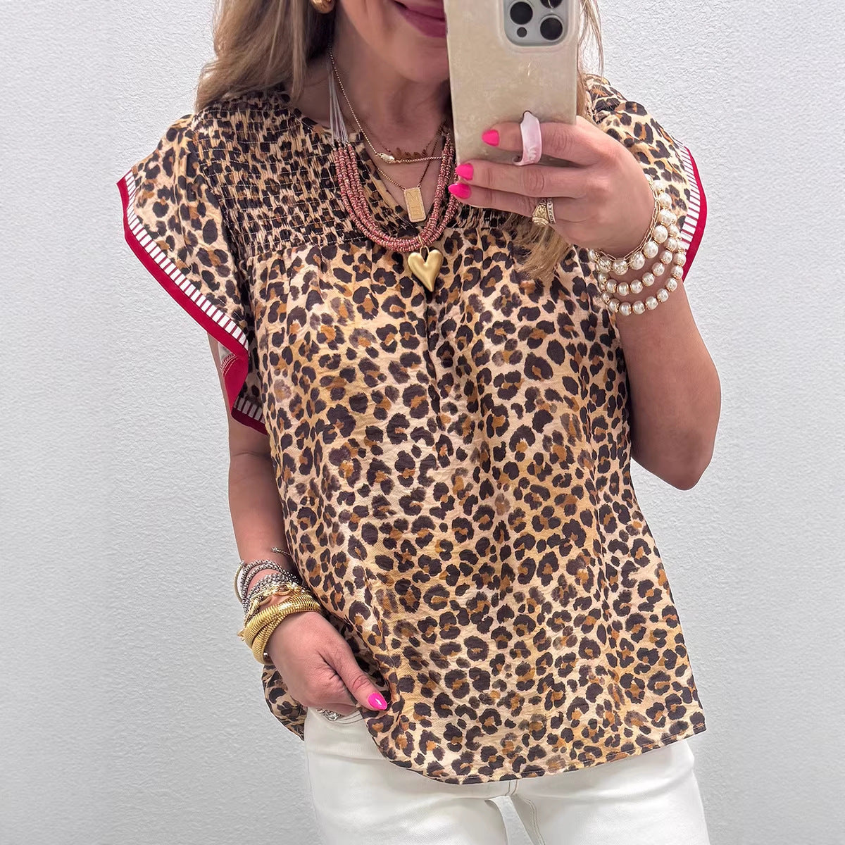 Womens Leopard-Print Ruffle-Trim Flowy Chiffon Blouse