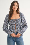 Gingham Eyelet Peplum Horseshoe Embroidery Top