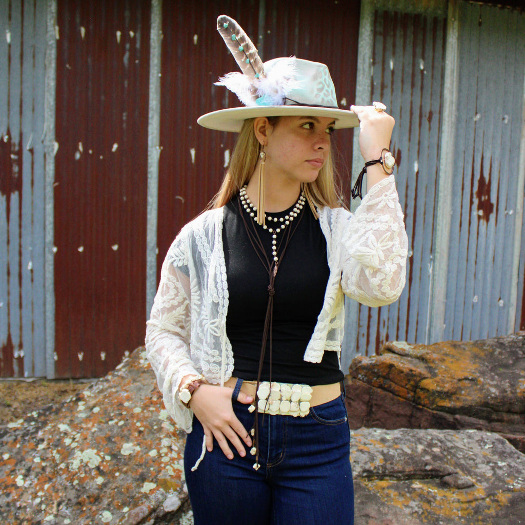 Double Strand Lariat White Turquoise Necklace w/ Copper Feather