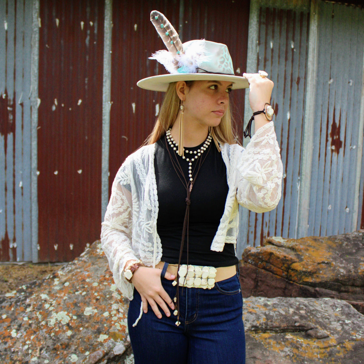 Double Strand Lariat White Turquoise Necklace w/ Copper Feather