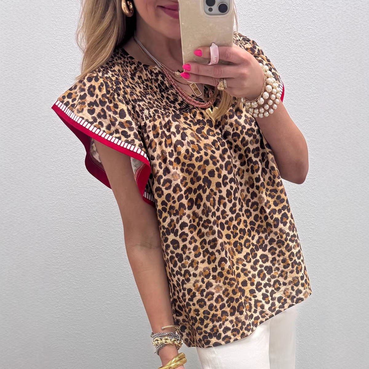 Womens Leopard-Print Ruffle-Trim Flowy Chiffon Blouse
