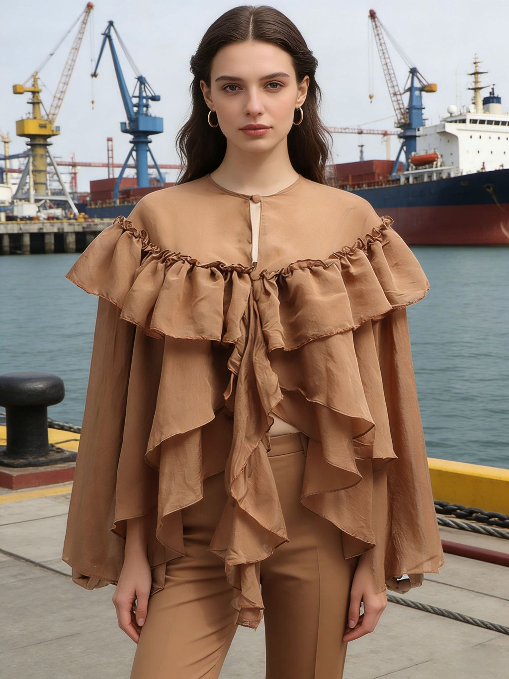 Womens Coffee Lotus Leaf Long Sleeve Ruffle Collar Top