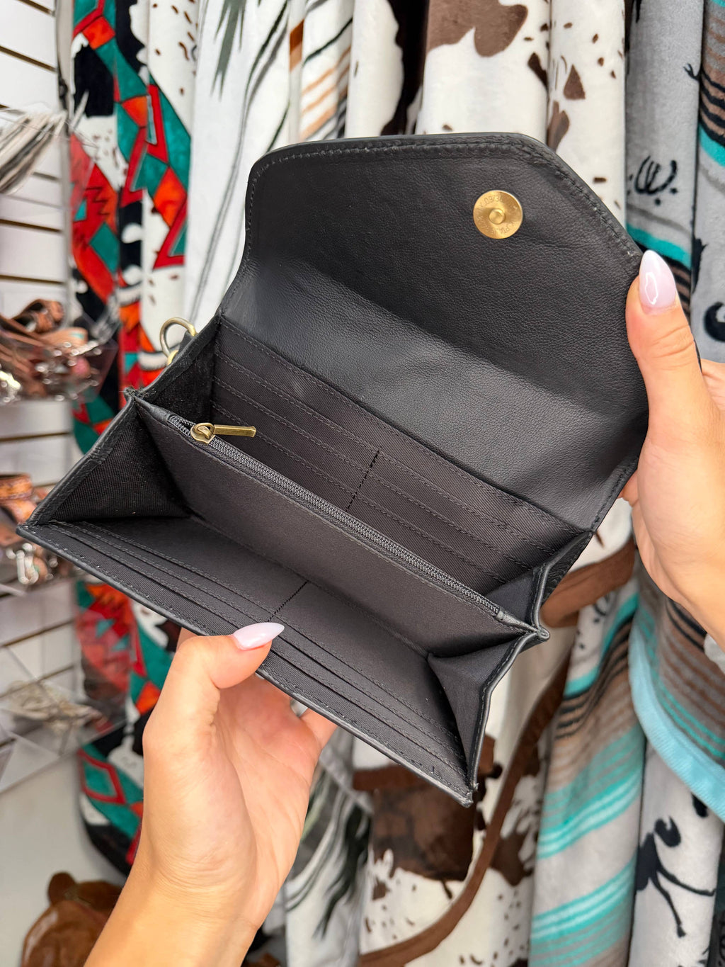 Checkered Tooled Leather Western Clutch Wallet & Wristlet