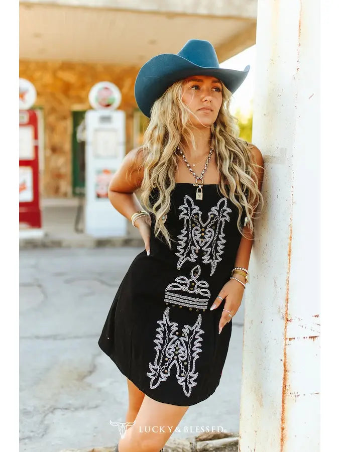 Black Ivory Embroidered Buckle Tank Denim Stretch Dress