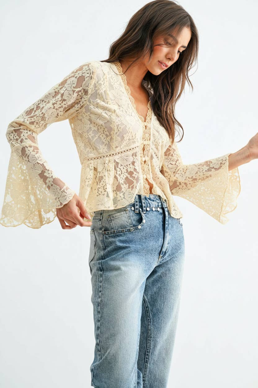 Lace Button-Down Blouse with Flared Sleeves