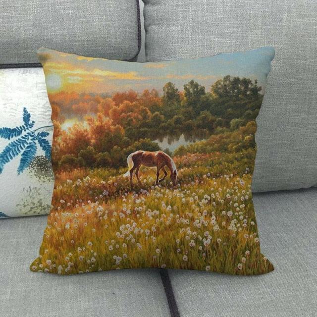 Elegant Grassland Floral Horse Pillow Covers Pastoral Animal Pattern Decorative Pillow Cases For Home Car Sofa Linen / Cotton Square Pillow Cover Decorative Throw Pillowcase, Farmhouse Horse 17.72 X 17.72