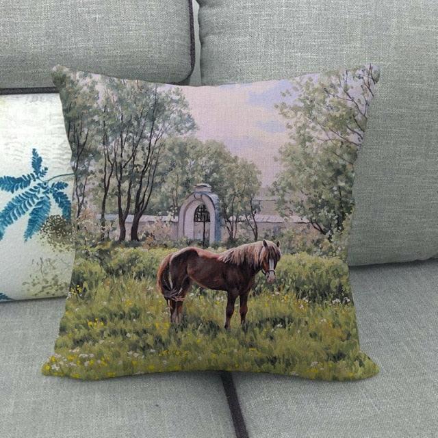 Elegant Grassland Floral Horse Pillow Covers Pastoral Animal Pattern Decorative Pillow Cases For Home Car Sofa Linen / Cotton Square Pillow Cover Decorative Throw Pillowcase, Farmhouse Horse 17.72 X 17.72