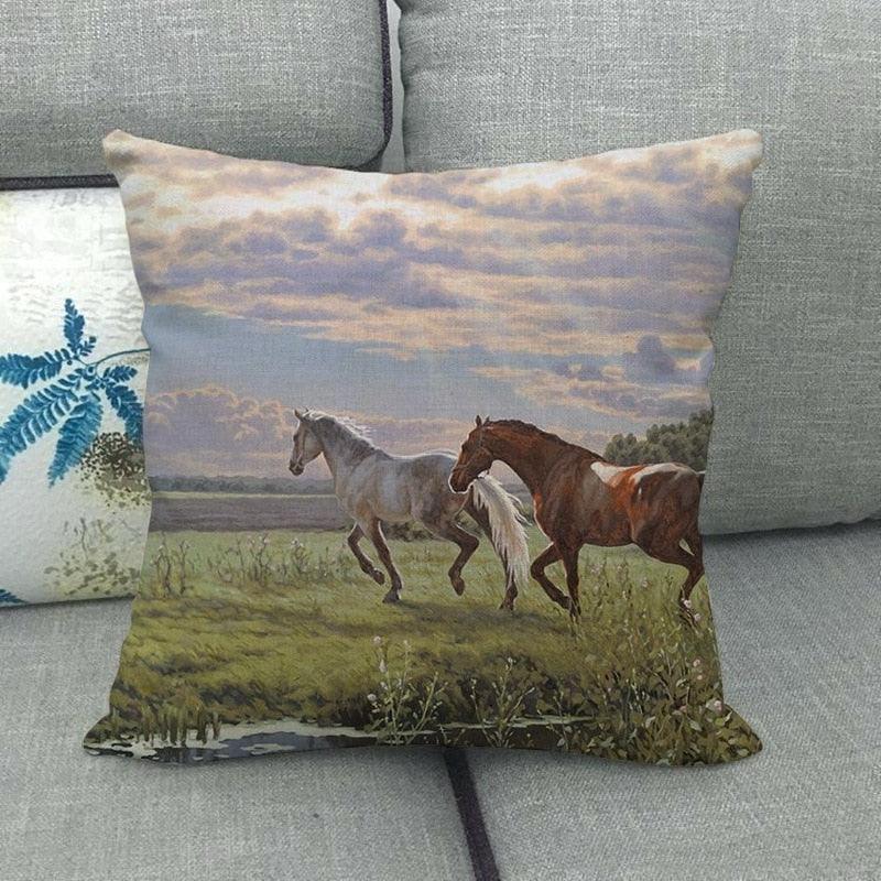 Elegant Grassland Floral Horse Pillow Covers Pastoral Animal Pattern Decorative Pillow Cases For Home Car Sofa Linen / Cotton Square Pillow Cover Decorative Throw Pillowcase, Farmhouse Horse 17.72 X 17.72