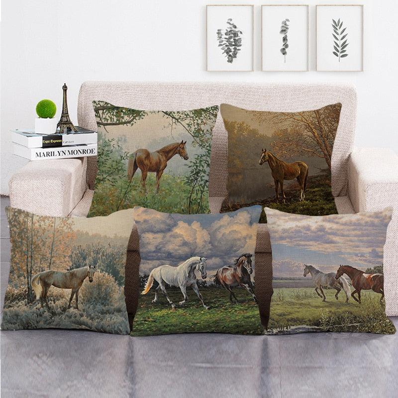 Elegant Grassland Floral Horse Pillow Covers Pastoral Animal Pattern Decorative Pillow Cases For Home Car Sofa Linen / Cotton Square Pillow Cover Decorative Throw Pillowcase, Farmhouse Horse 17.72 X 17.72
