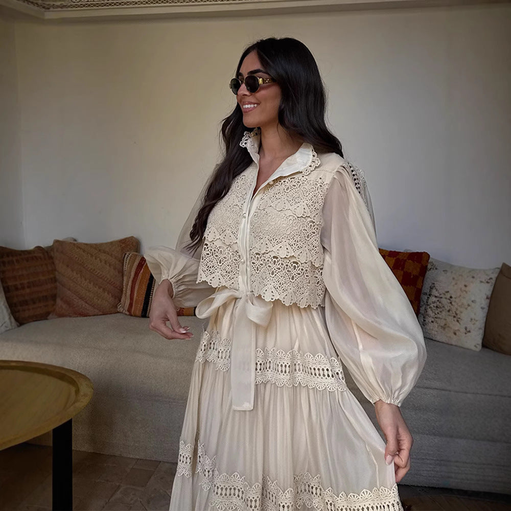 Long-sleeve Hollow-out Mesh Patchwork Dress With Lantern Sleeves Country Boho