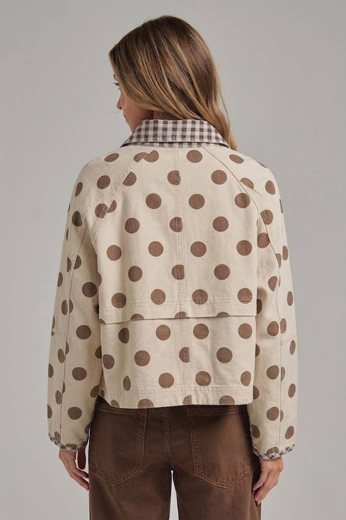 Polka Dot Canvas Fall Jacket with Gingham Collar-Multiple Colors