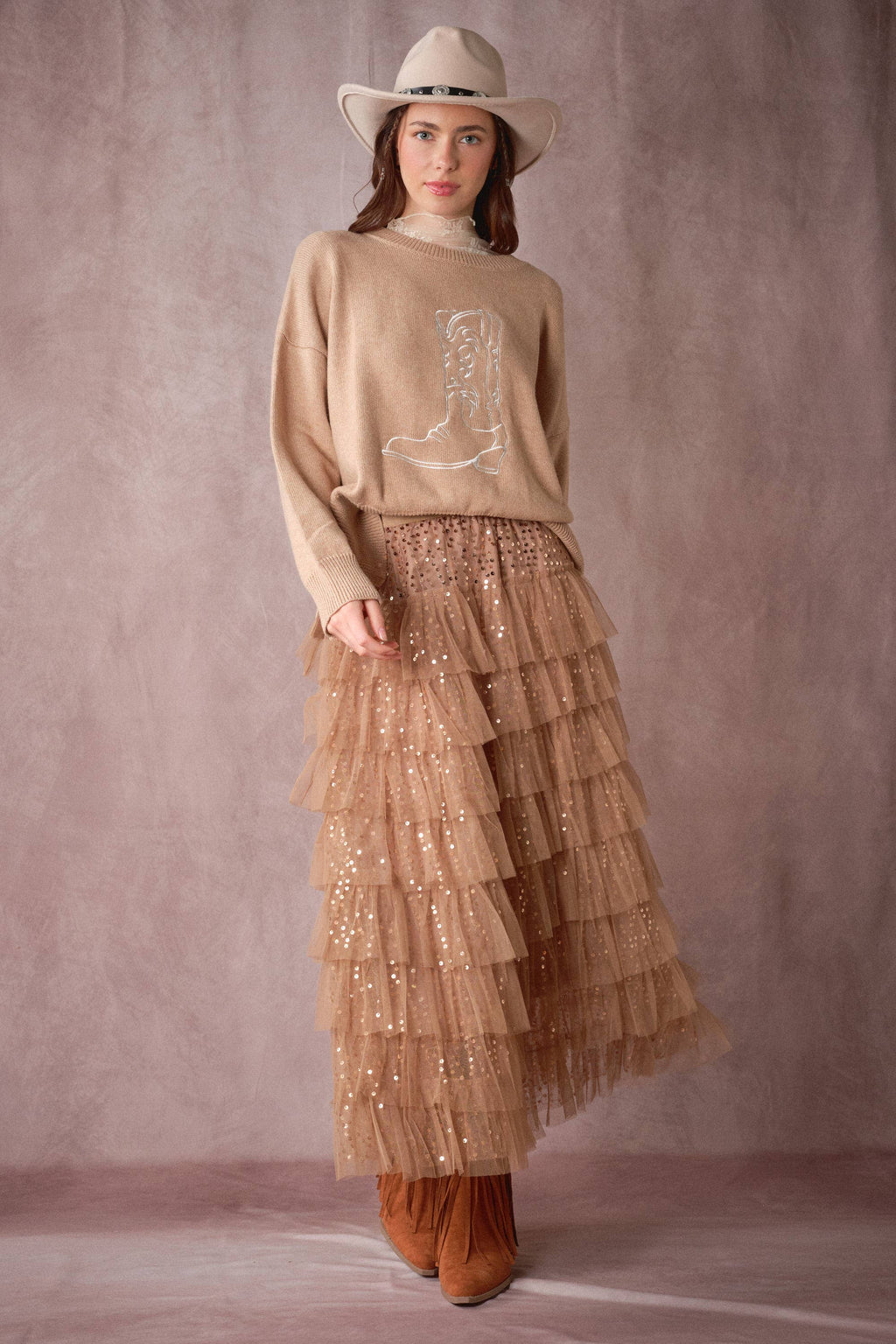 Sequin Tiered Mesh Maxi Skirt