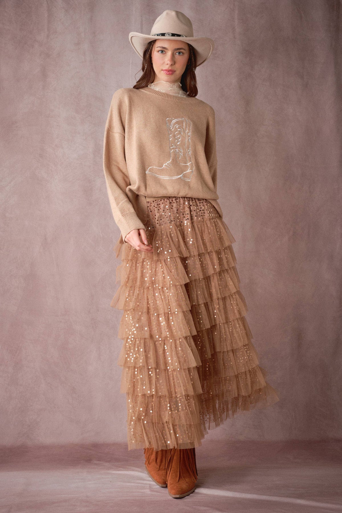 Sequin Tiered Mesh Maxi Skirt