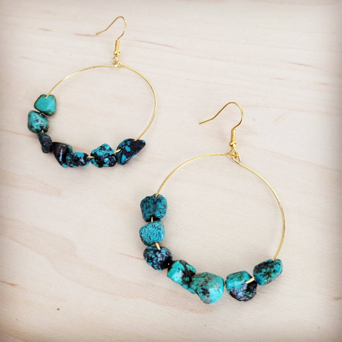 Beaded Hoop Earrings- Genuine Natural Turquoise Stones