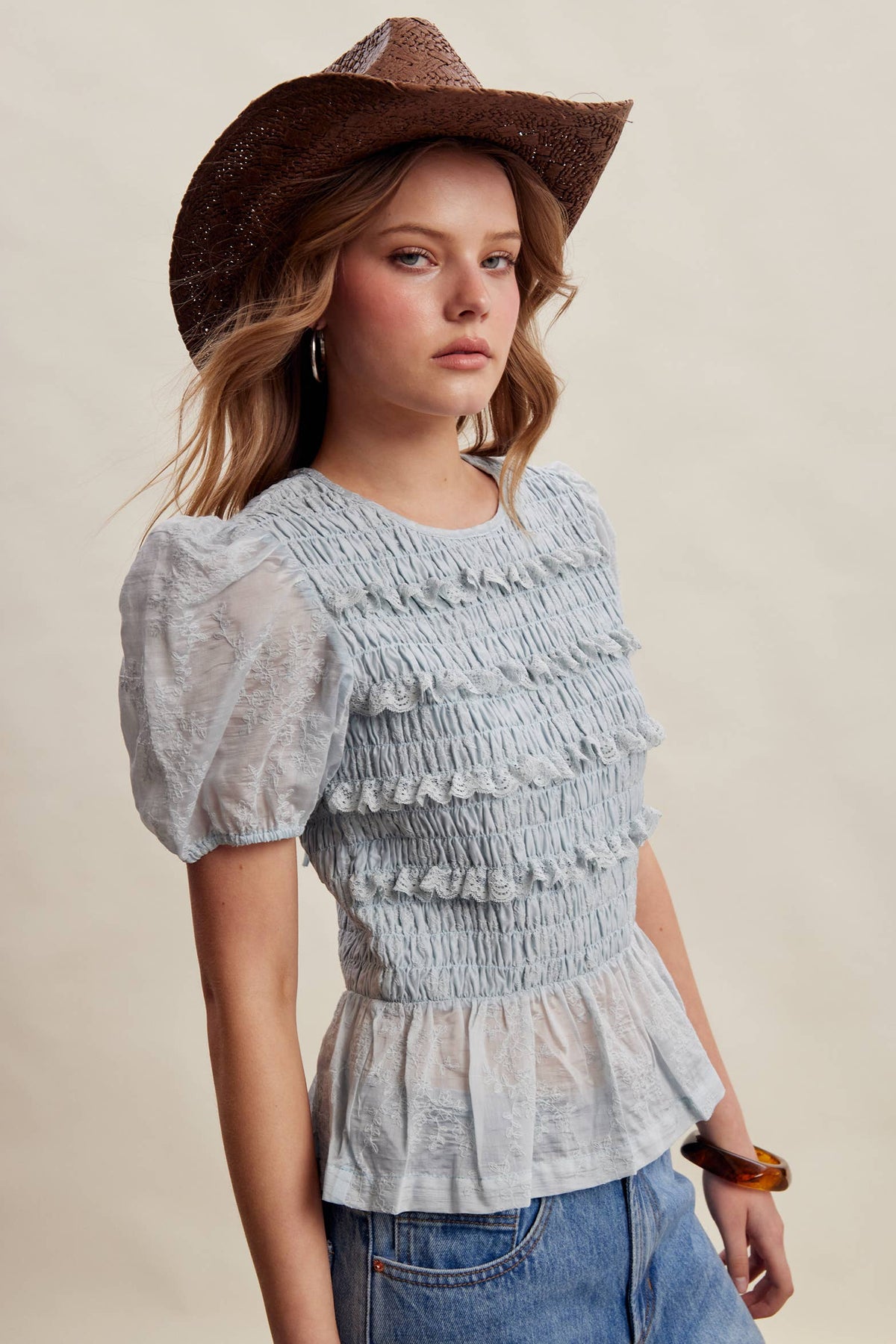 Smocked Lace Puff Sleeve Top