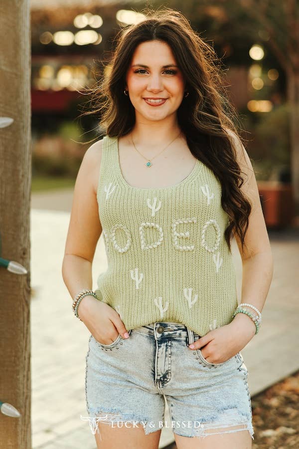 Sage Knit Tank-Rodeo Embroidered Top