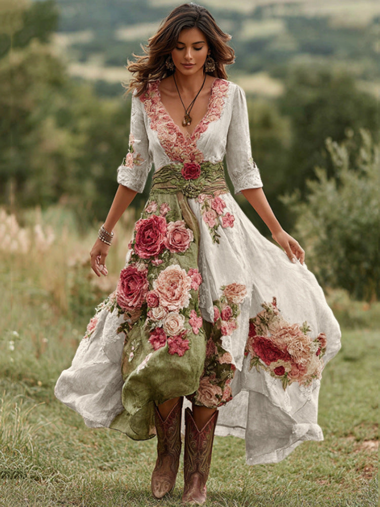 Womens Stylish And Elegant Floral Long-sleeve Dress