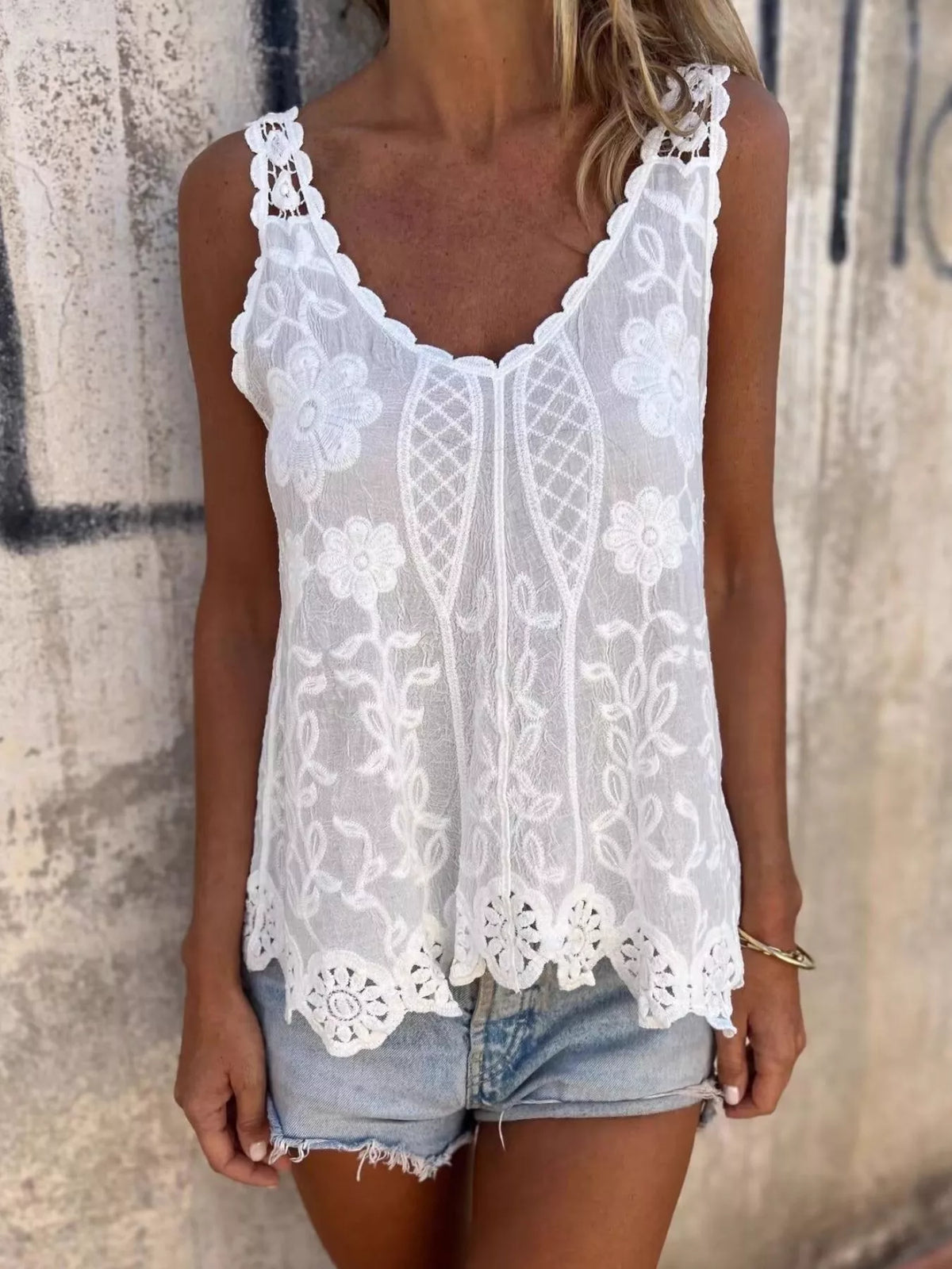 Floral Lace Crochet Trim Tank