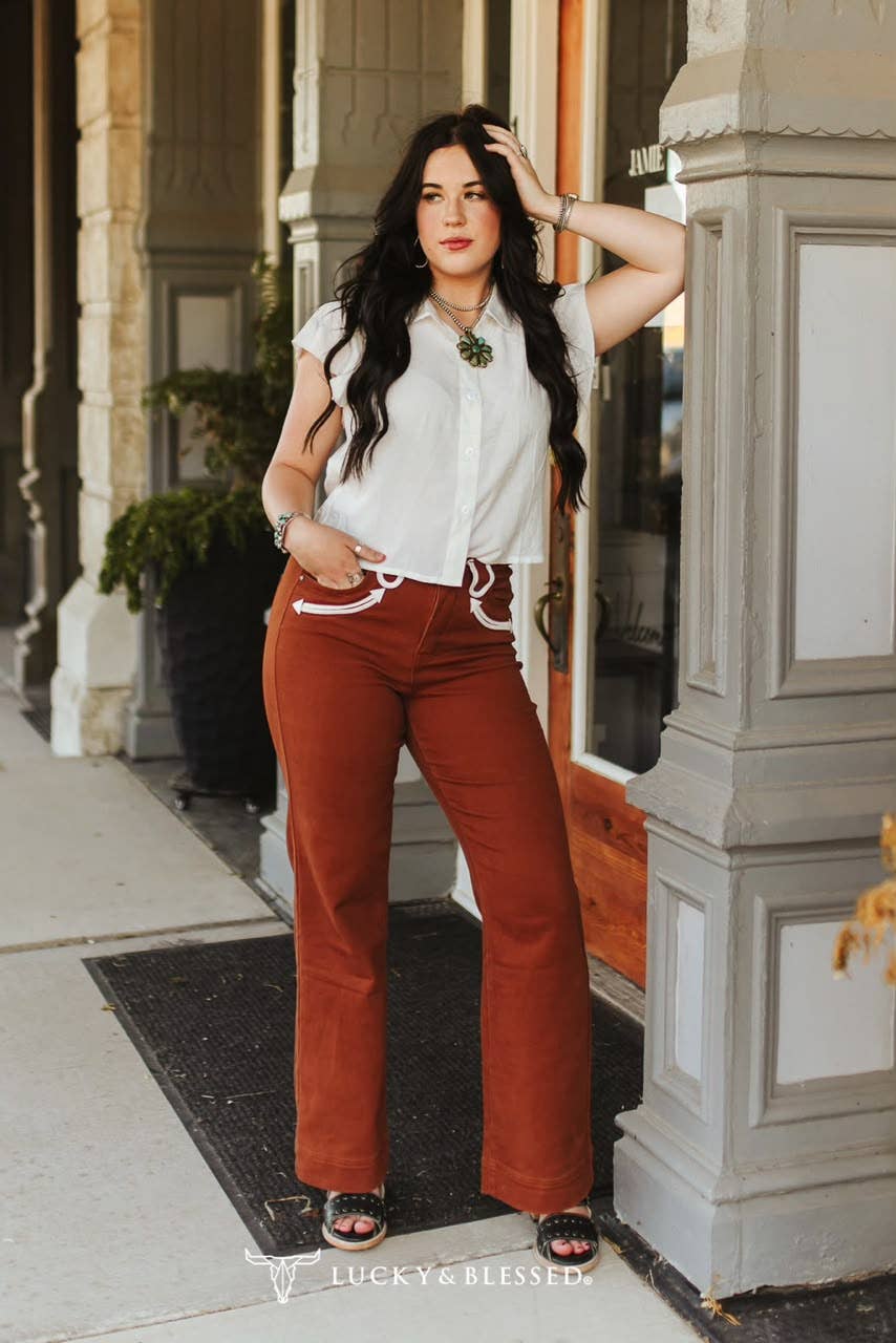 Camel Stretch Denim Western Arrow Wide Leg Jeans