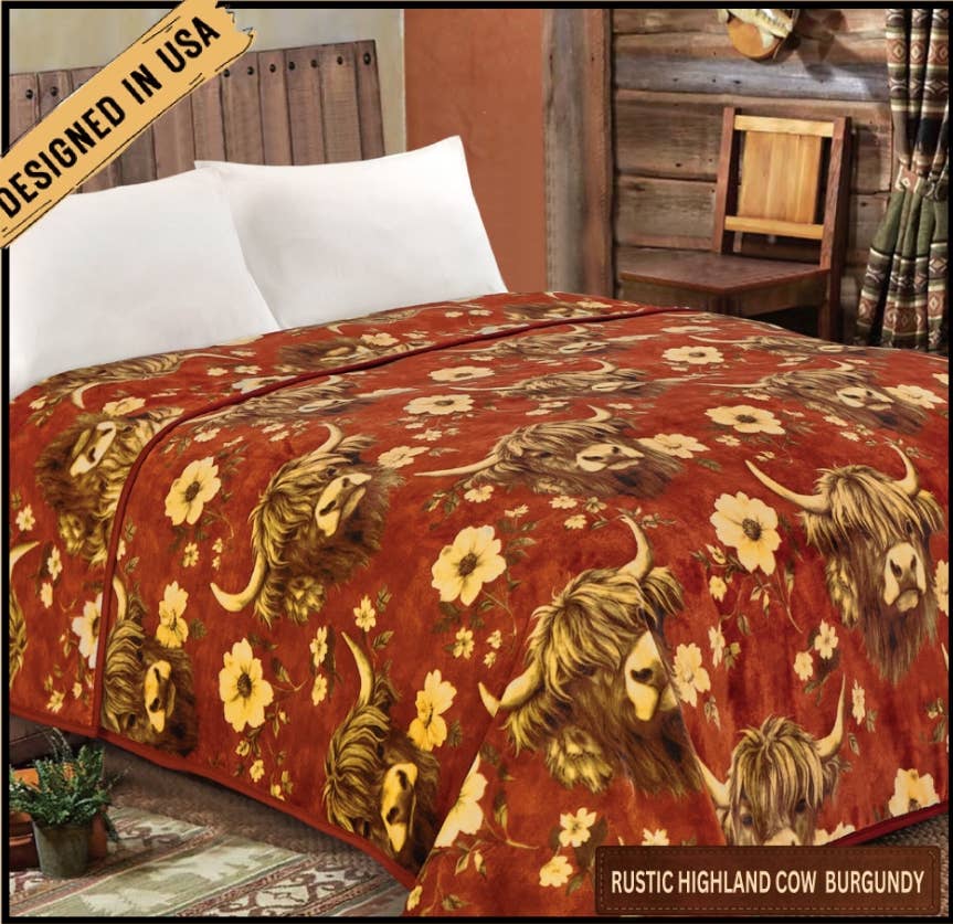 RODEO HIGHLAND COW BURGUNDY KING SIZE THROW BLANKET 83X91"