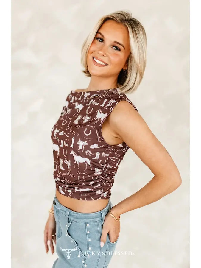 Western Icon Print Top — Brown Fitted Sleeveless Stretch Cowgirl