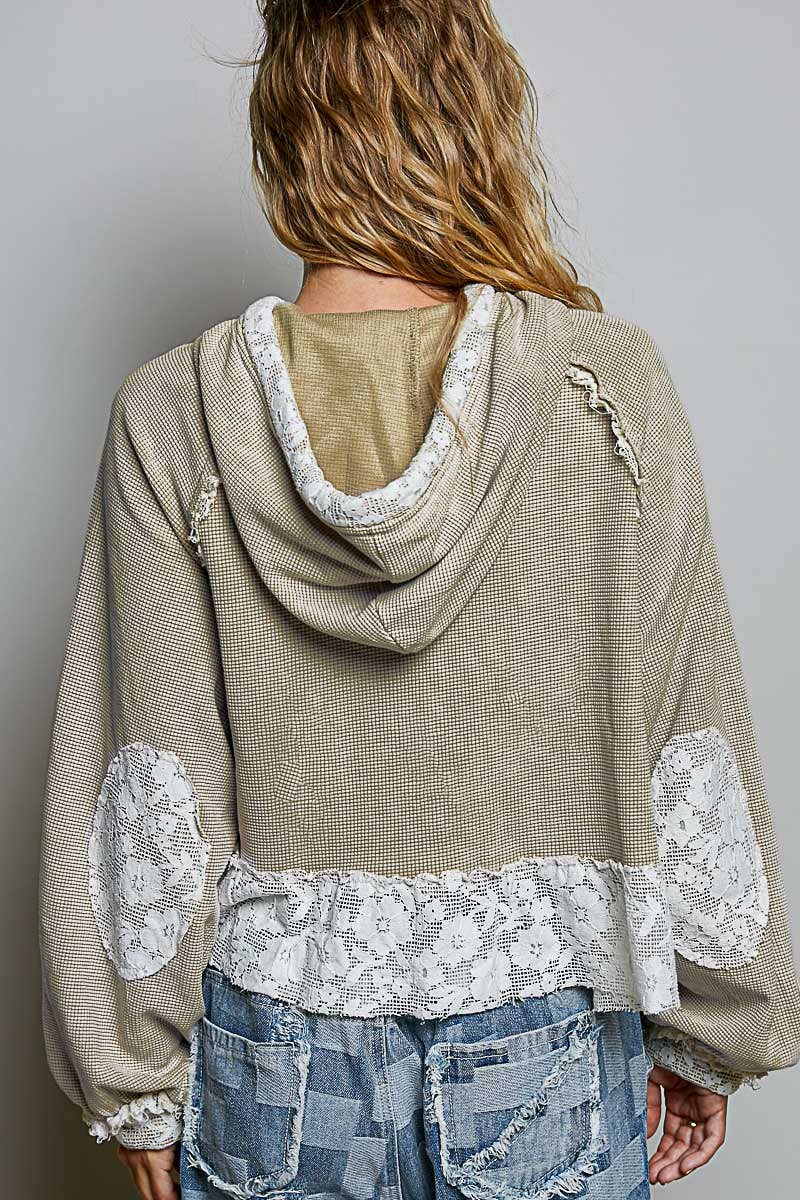 Lace & Thermal Cropped Hoodie