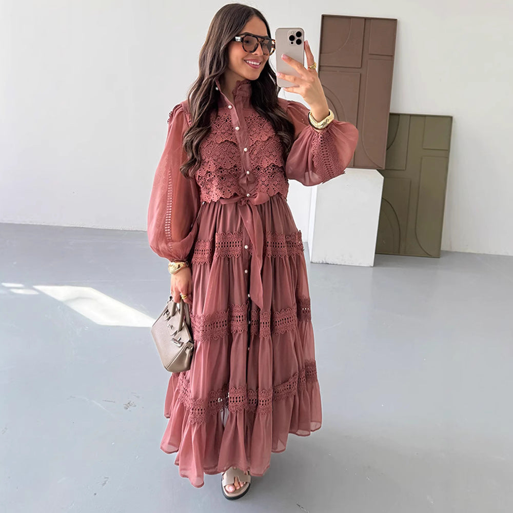 Long-sleeve Hollow-out Mesh Patchwork Dress With Lantern Sleeves Country Boho