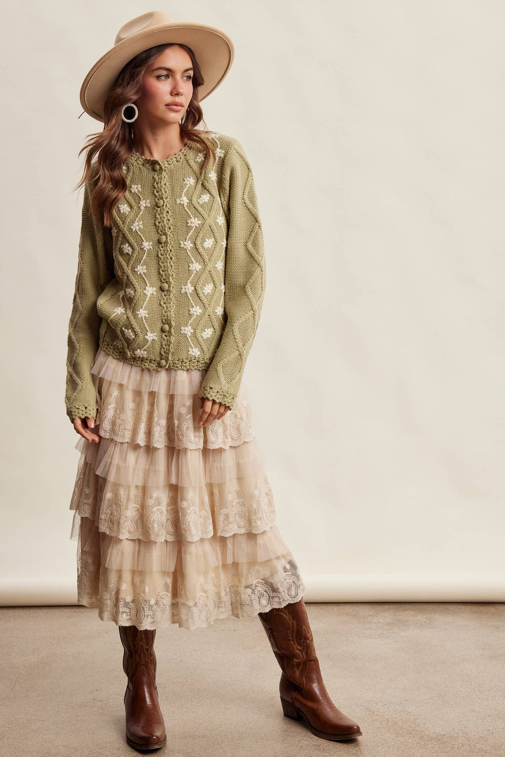 Taupe Lace Tiered Midi Skirt