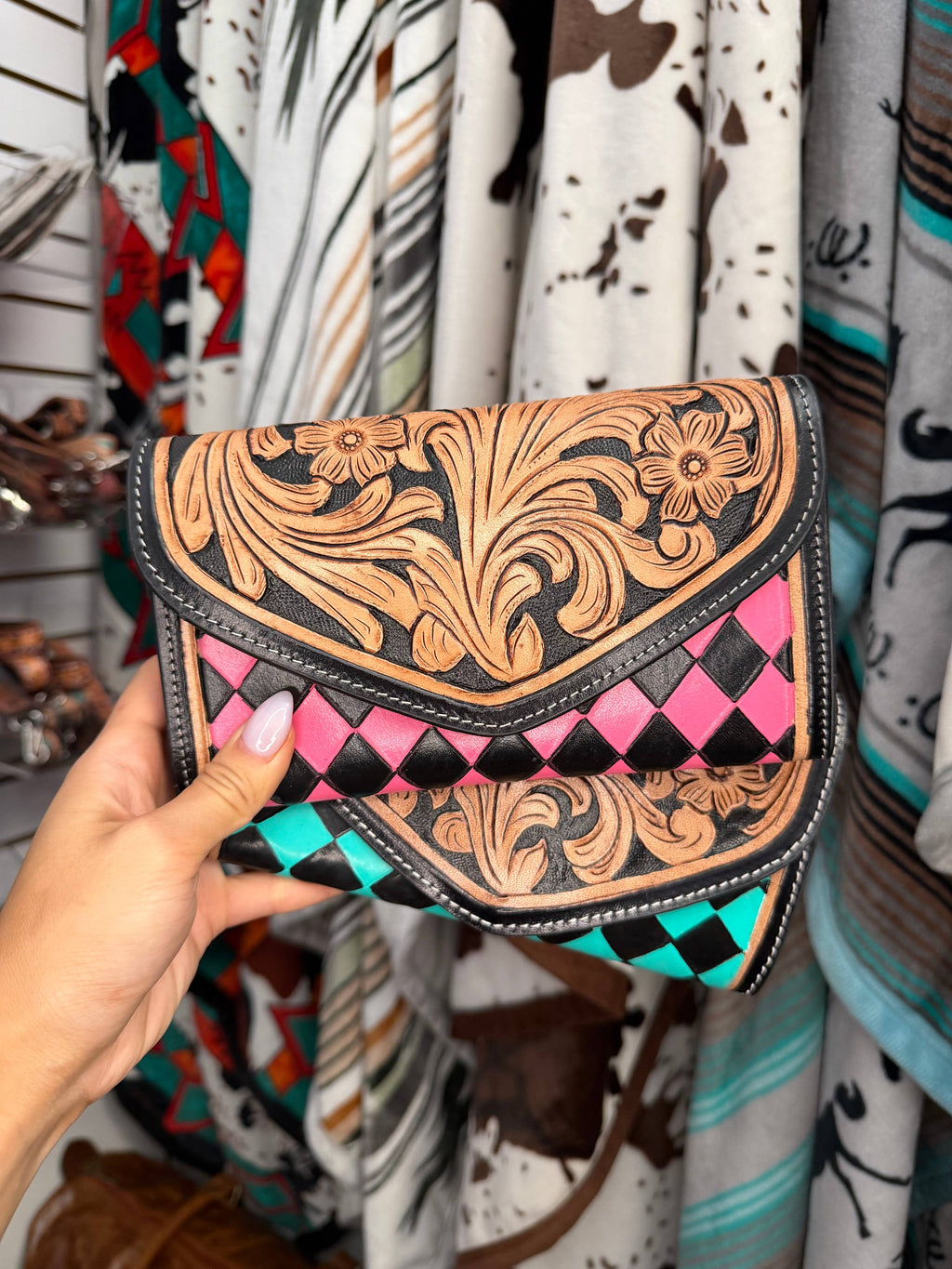 Checkered Tooled Leather Western Clutch Wallet & Wristlet