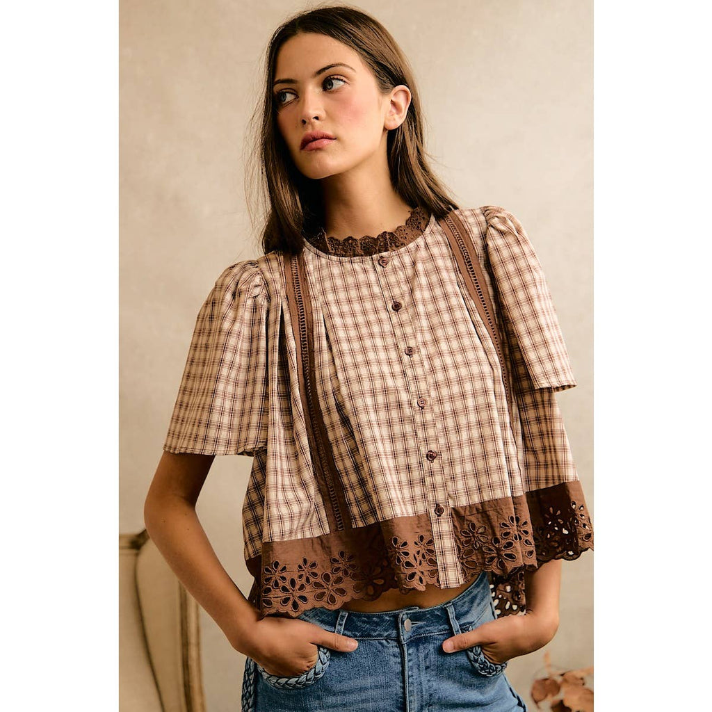CHECK LACE TRIM FLUTTER SLEEVES BLOUSE TOP