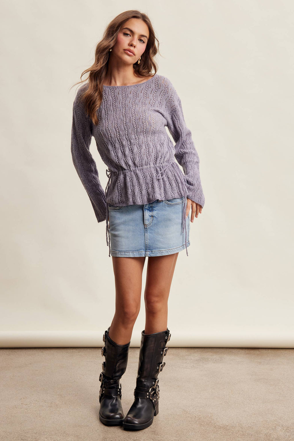 Pointelle Tie-Waist Knit Sweater