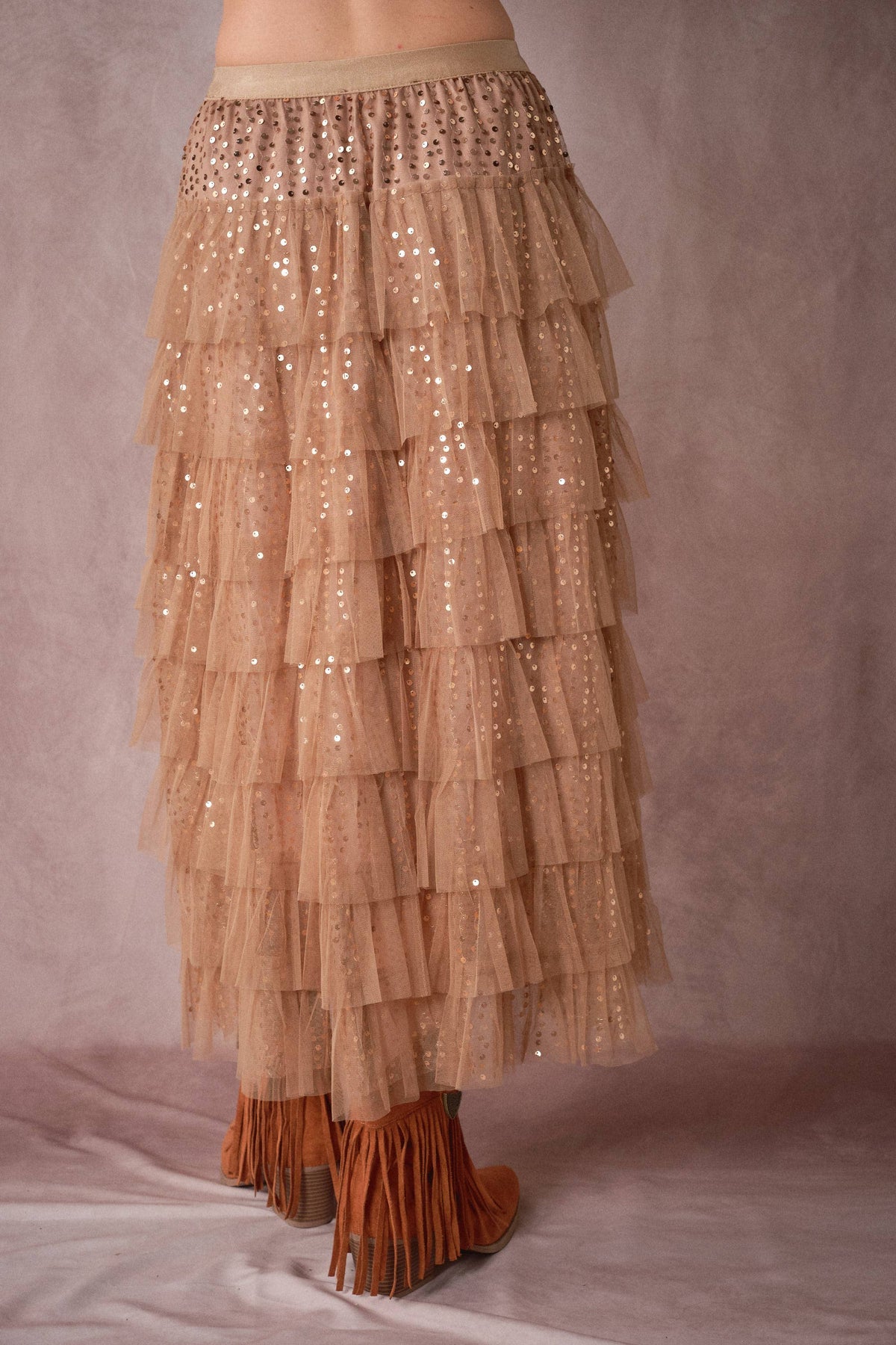 Sequin Tiered Mesh Maxi Skirt