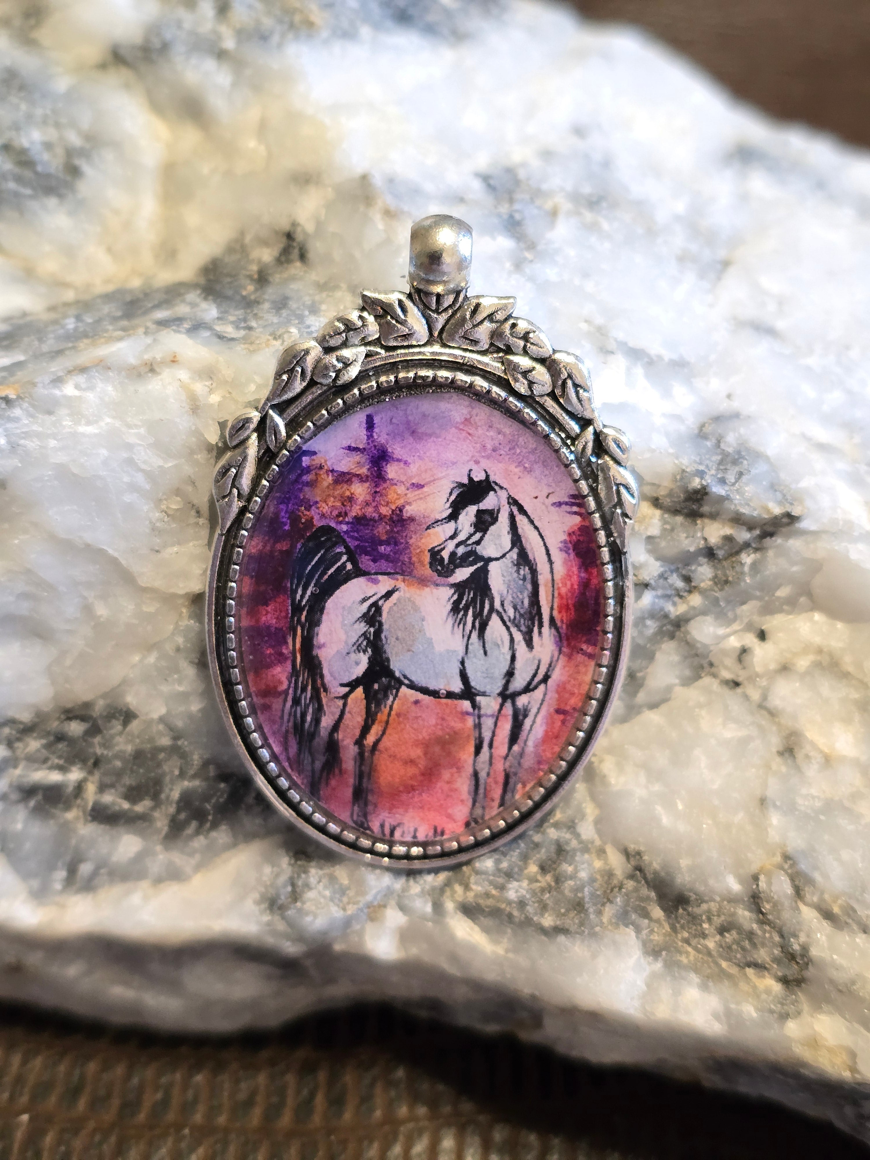 Desert Sunset Hand-Painted Arabian Horse Portrait Pendant, Silver alloy Setting