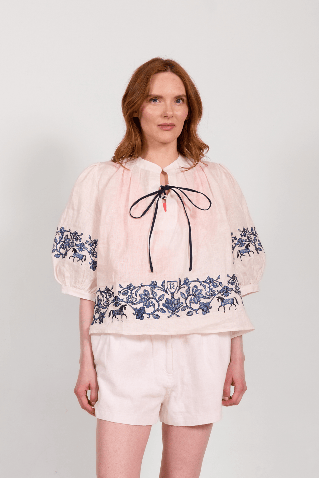 Florale Embroidered Linen Blouse | White