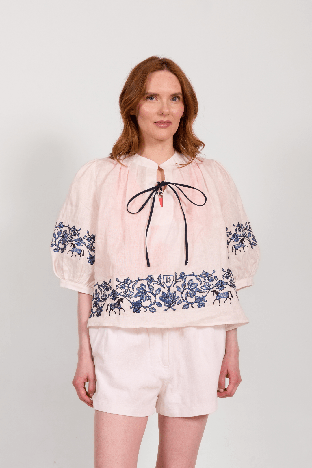 Florale Embroidered Linen Blouse | White