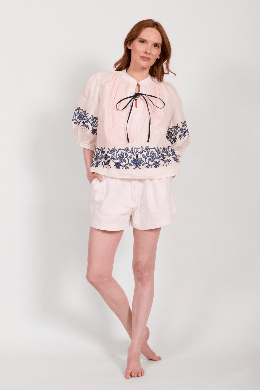 Florale Embroidered Linen Blouse | White