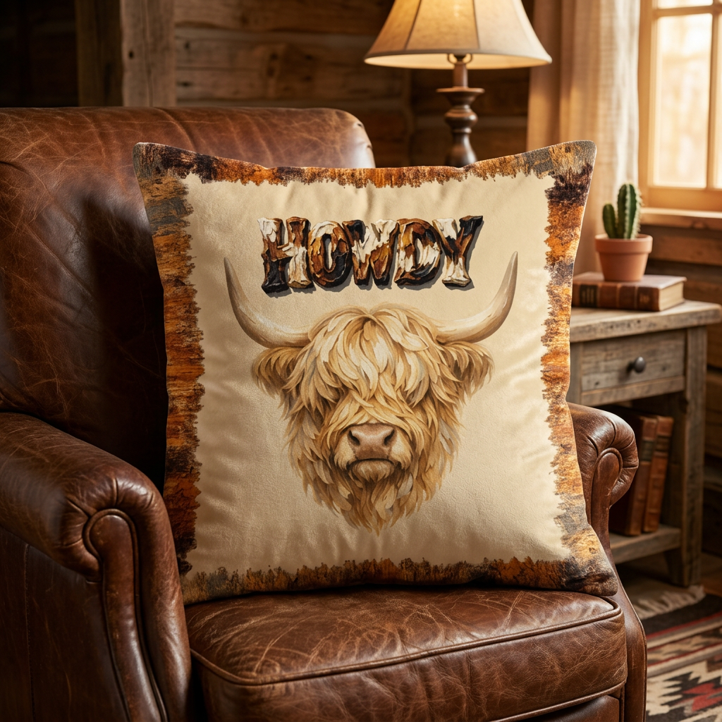 Baha Ranch Velvety Soft Howdy Highland Pillow Cover Made in America