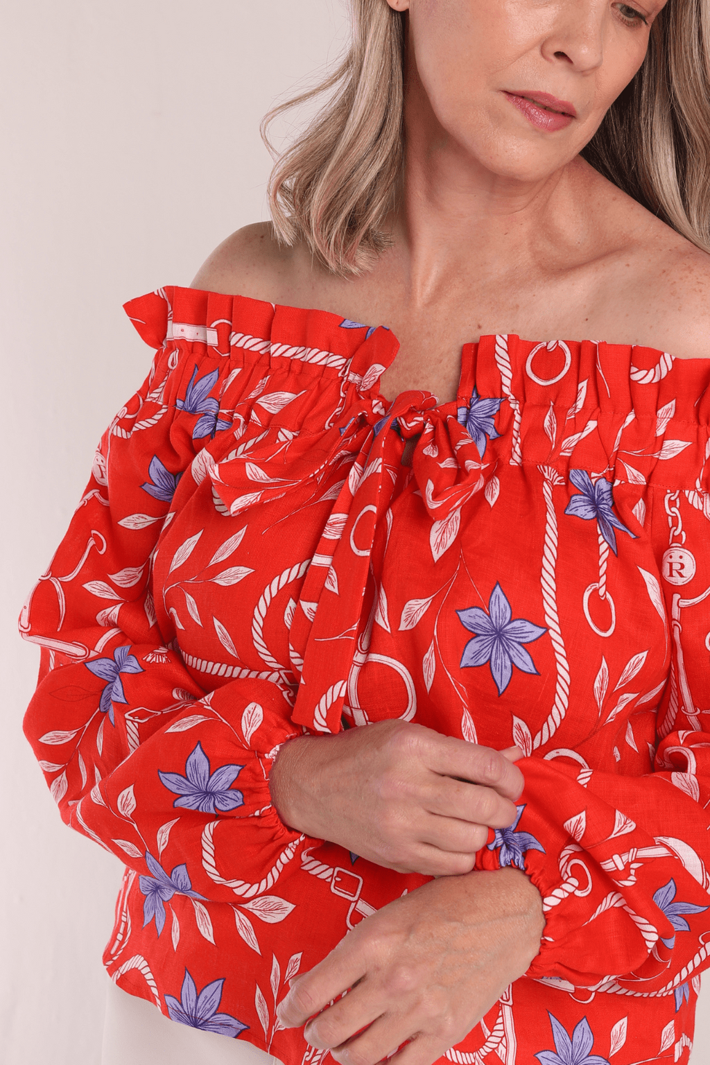 Lisette Linen Shirt | Ropes Print- Poppy Red