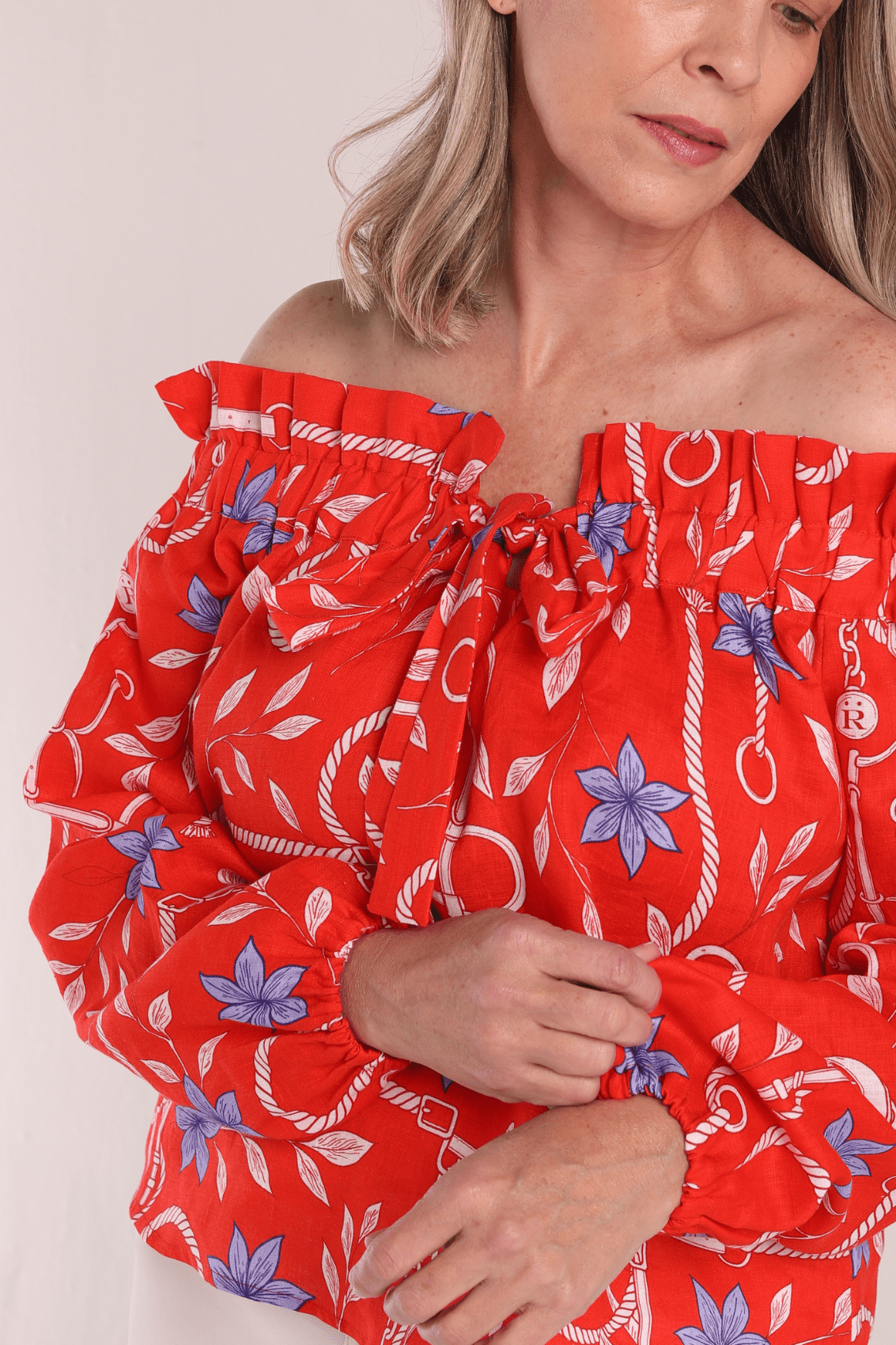 Lisette Linen Shirt | Ropes Print- Poppy Red