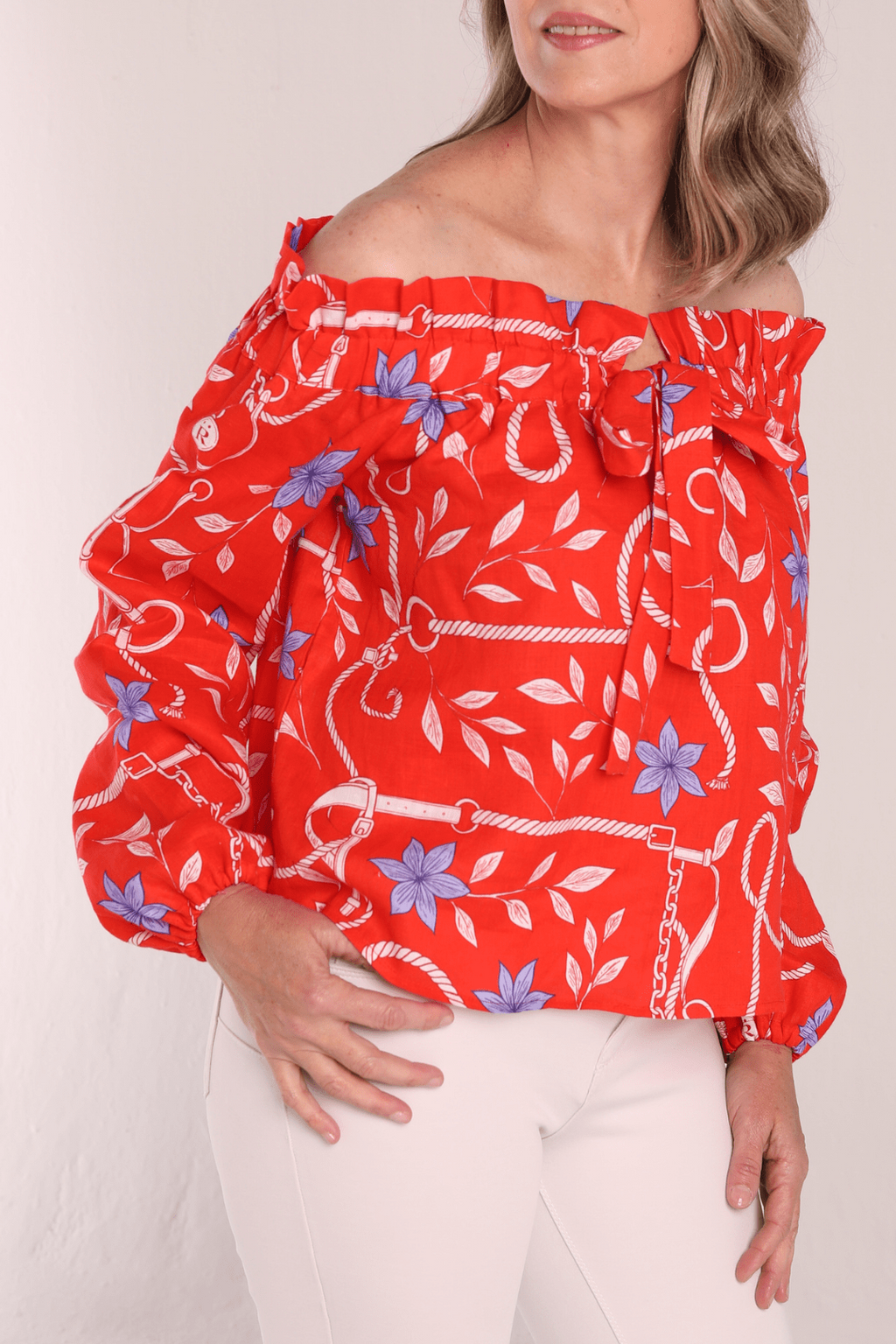 Lisette Linen Shirt | Ropes Print- Poppy Red