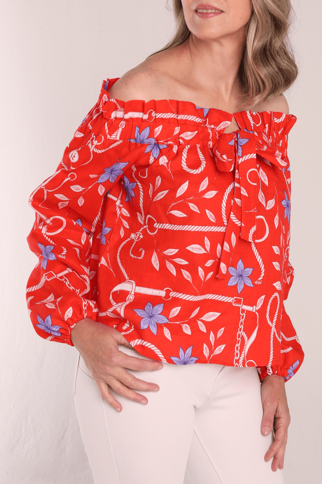 Lisette Linen Shirt | Ropes Print- Poppy Red