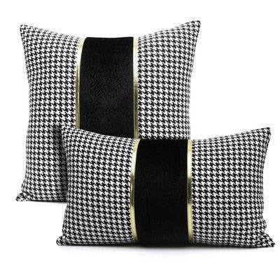 Luxury Black White Houndstooth Gold Leather Stitching Pillow Covers Sofa Decorative Horse Pillow Case Throw Pillowcases Black Gold PU Leather Polyester Splicing Cushion Covers Well Made Classic Pattern